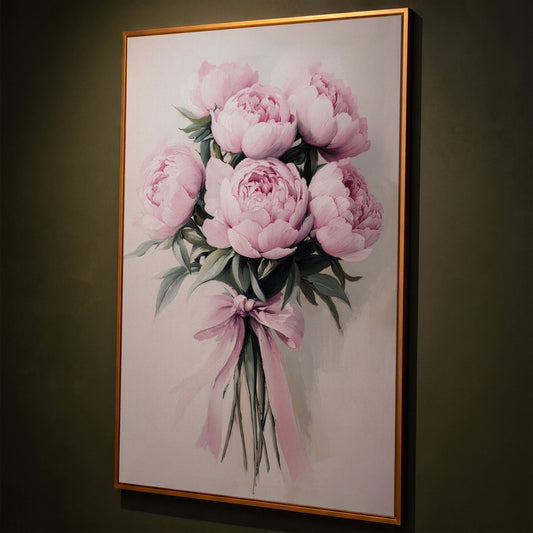 Pink Peony Bouquet Canvas Print with Pale Ribbon Detail shown in antique gold floating frame