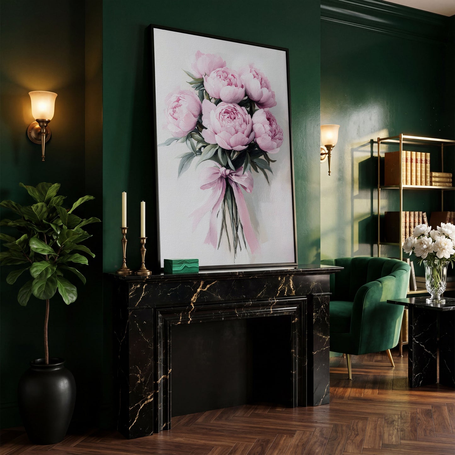Pink Peony Bouquet Canvas Print with Pale Ribbon Detail in black floating frame