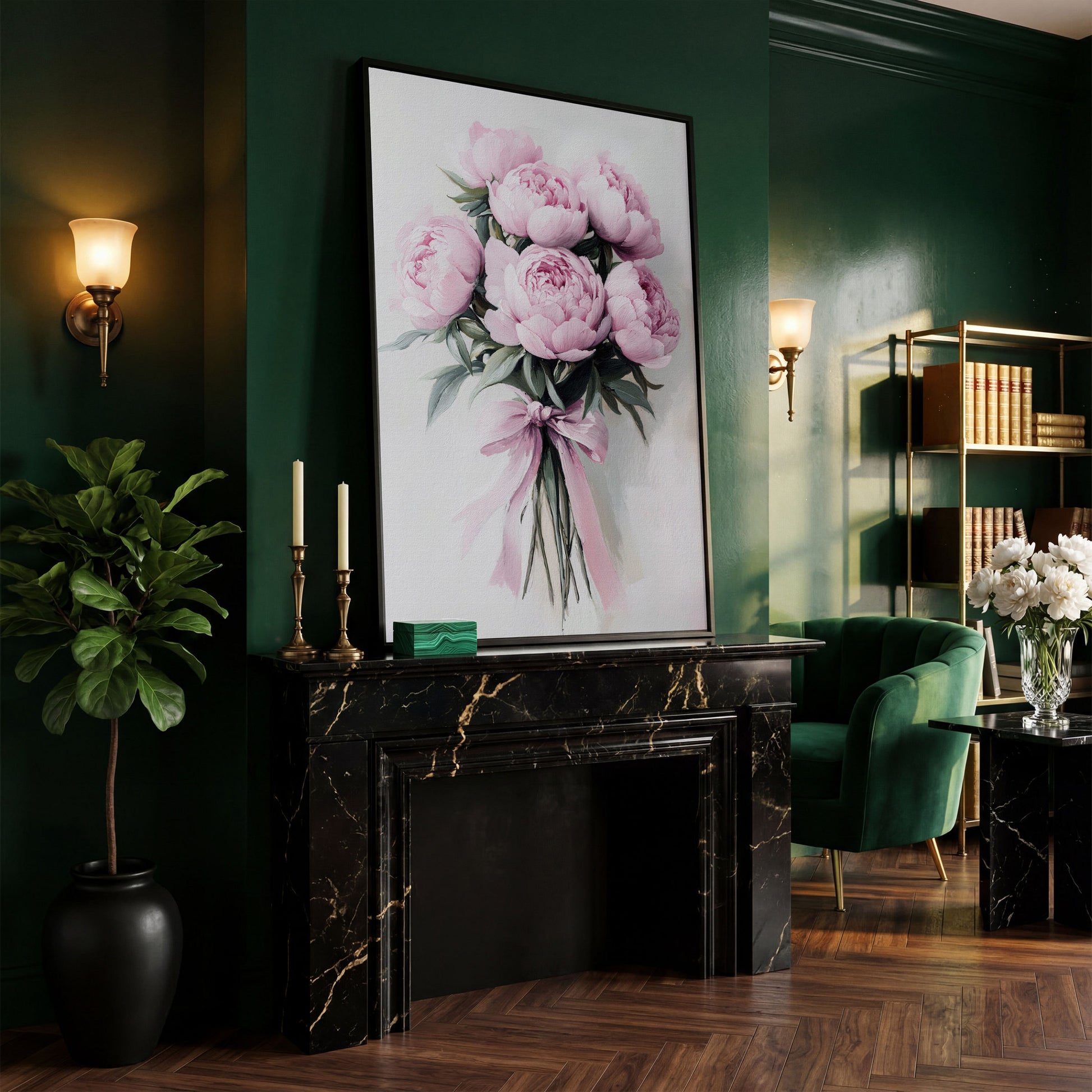 Pink Peony Bouquet Canvas Print with Pale Ribbon Detail in black floating frame