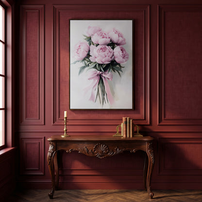 Pink Peony Bouquet Canvas Print with Pale Ribbon Detail in dark walnut floating frame