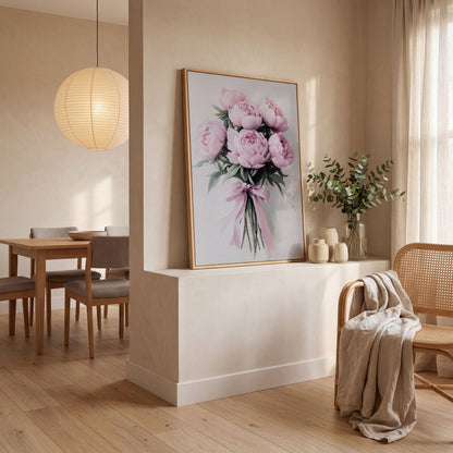 Pink Peony Bouquet Canvas Print with Pale Ribbon Detail in white oak floating frame