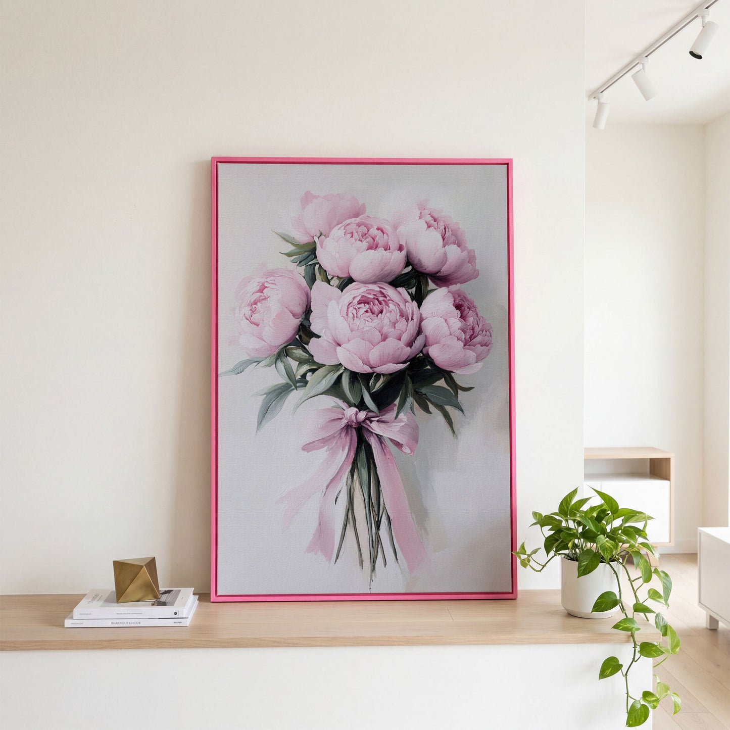 Pink Peony Bouquet Canvas Print with Pale Ribbon Detail in pink floating frame