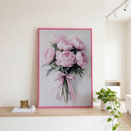 Pink Peony Bouquet Canvas Print with Pale Ribbon Detail in pink floating frame