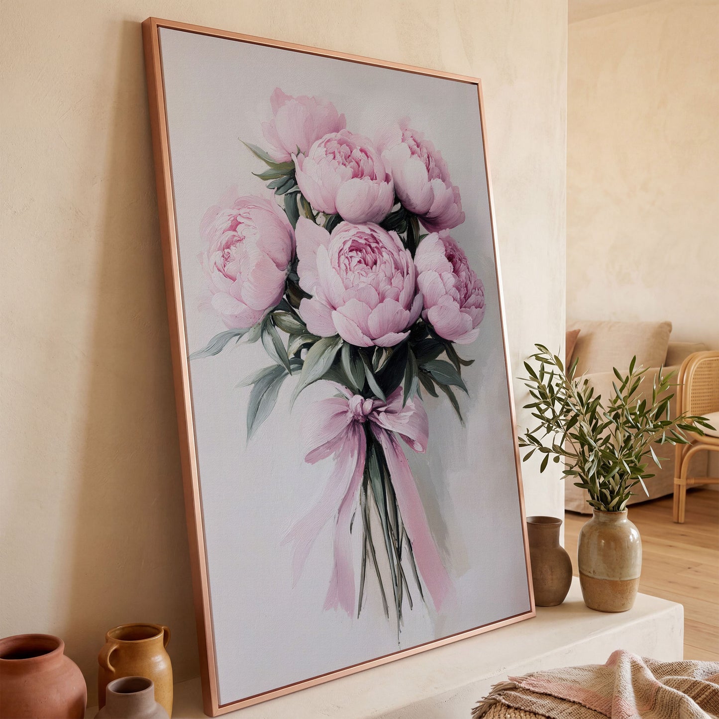 Pink Peony Bouquet Canvas Print with Pale Ribbon Detail in rose gold floating frame