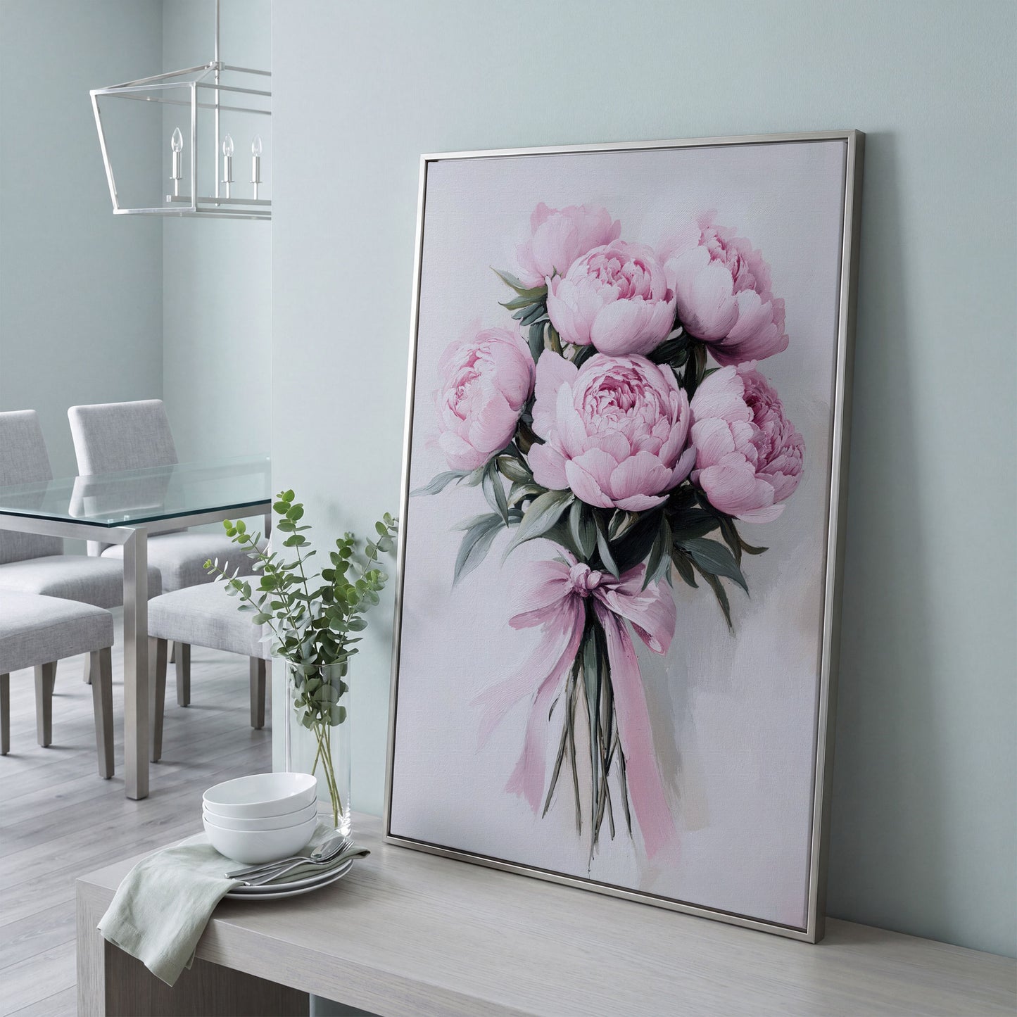 Pink Peony Bouquet Canvas Print with Pale Ribbon Detail in silver floating frame