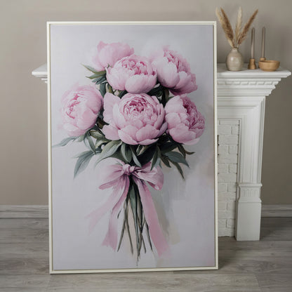 Pink Peony Bouquet Canvas Print with Pale Ribbon Detail in white floating frame