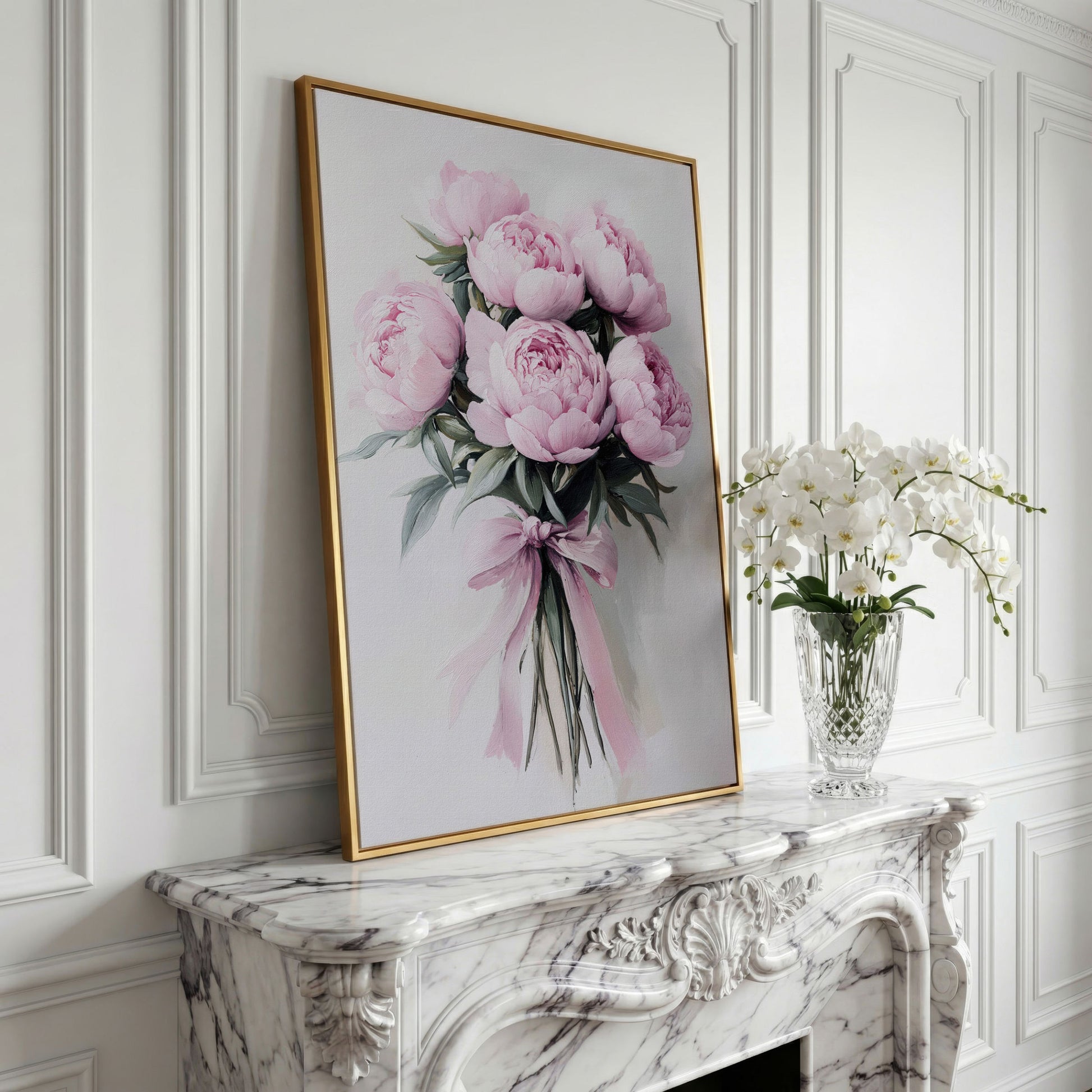 Pink Peony Bouquet Canvas Print with Pale Ribbon Detail in yellow gold floating frame