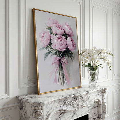 Pink Peony Bouquet Canvas Print with Pale Ribbon Detail in yellow gold floating frame