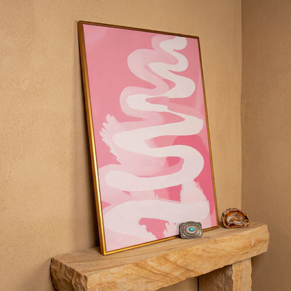 Pink Abstract Watercolor Canvas Print in antique gold floating frame