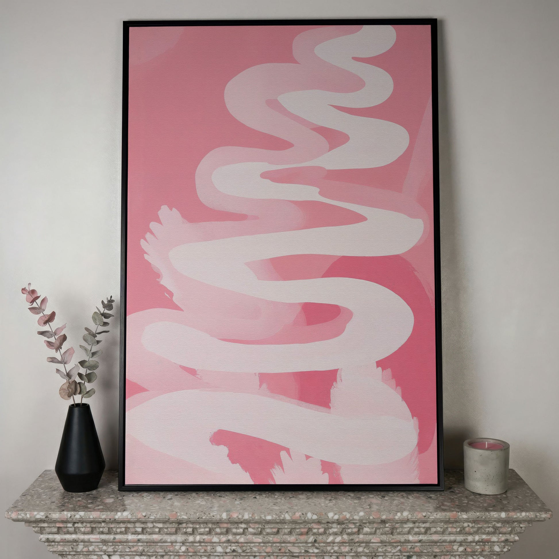 Pink Abstract Watercolor Canvas Print in black floating frame