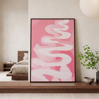 Pink Abstract Watercolor Canvas Print in dark walnut floating frame