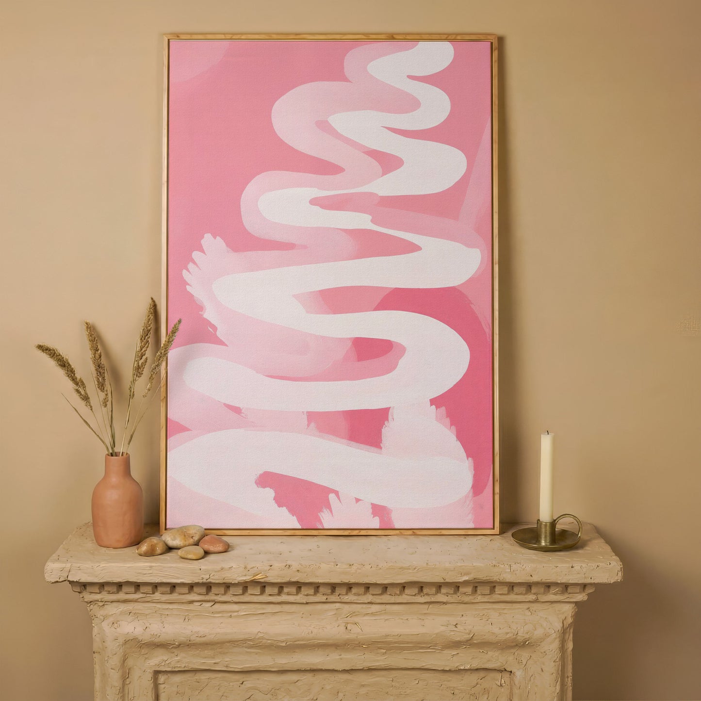 Pink Abstract Watercolor Canvas Print in white oak floating frame