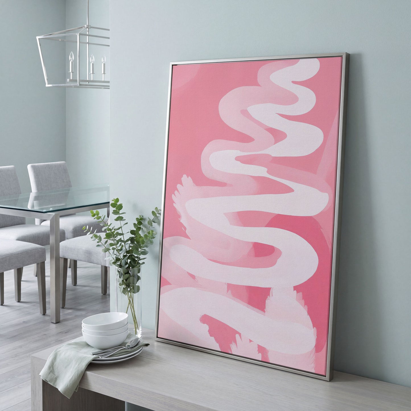 Pink Abstract Watercolor Canvas Print in silver floating frame