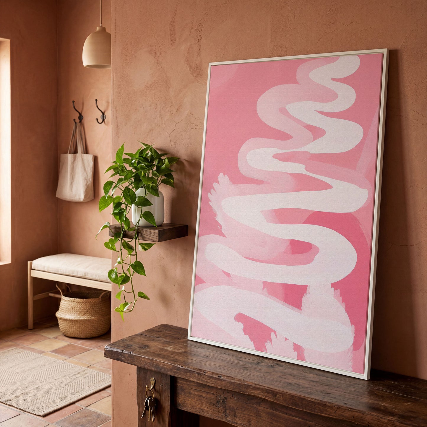 Pink Abstract Watercolor Canvas Print in white floating frame