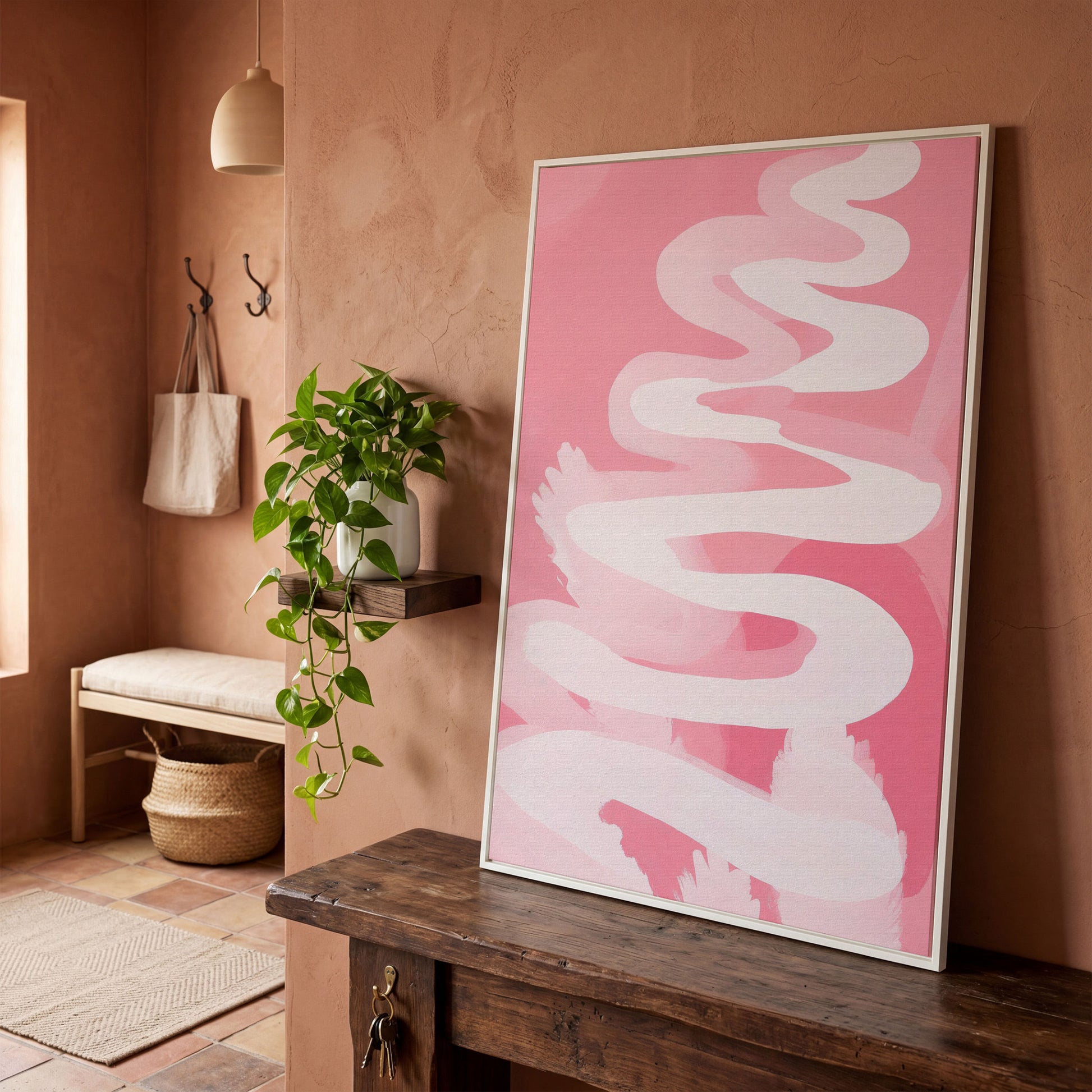 Pink Abstract Watercolor Canvas Print in white floating frame
