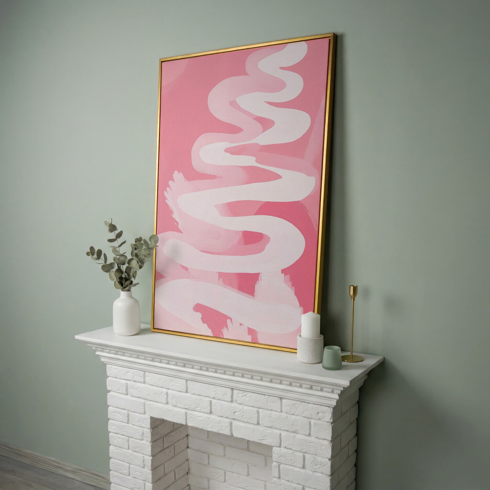 Pink Abstract Watercolor Canvas Print in yellow gold floating frame