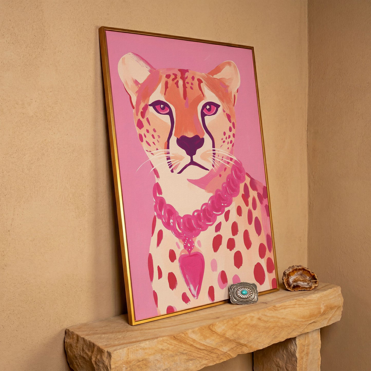 Pink Cheetah Portrait Canvas Print for Nursery and Home in antique gold floating frame