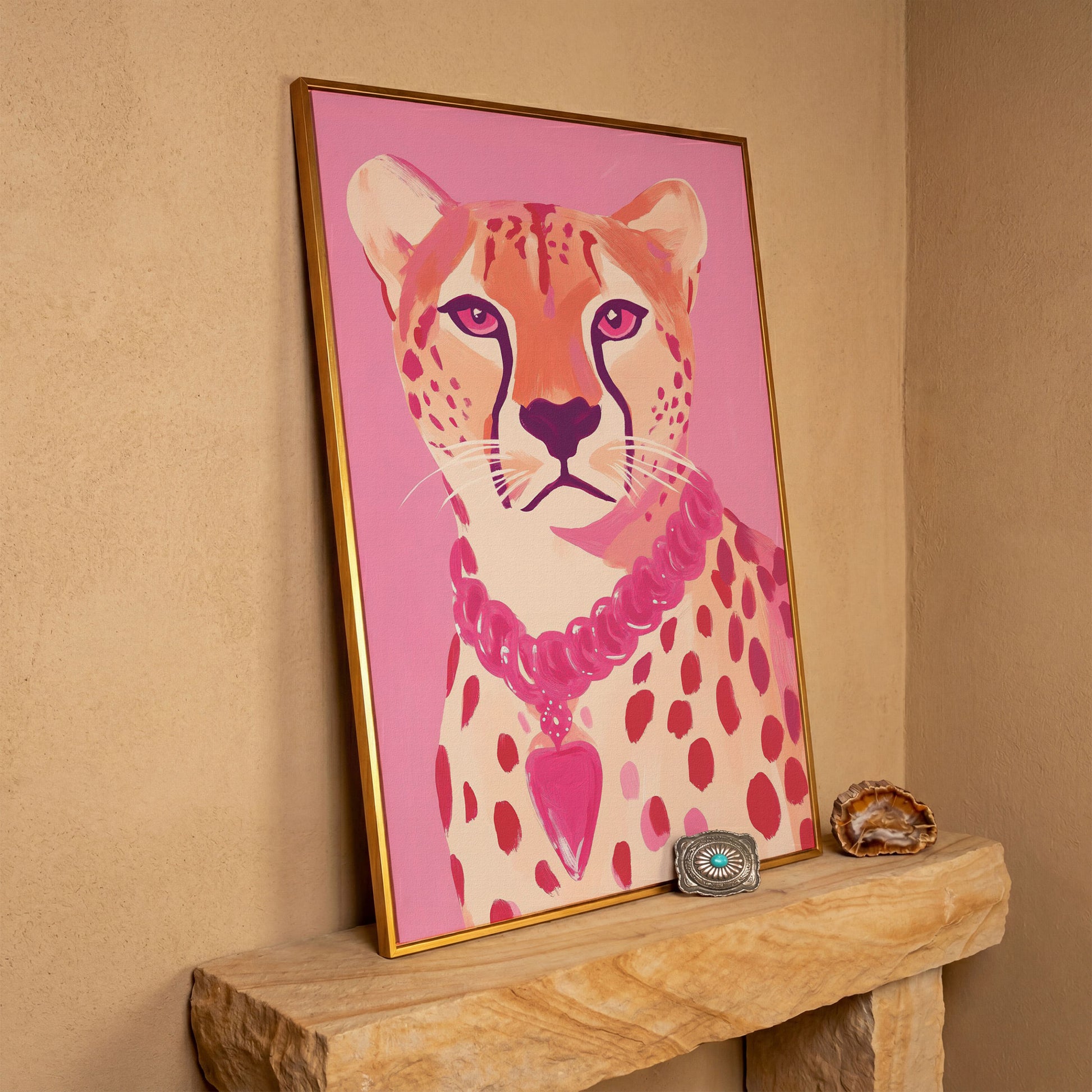 Pink Cheetah Portrait Canvas Print for Nursery and Home in antique gold floating frame
