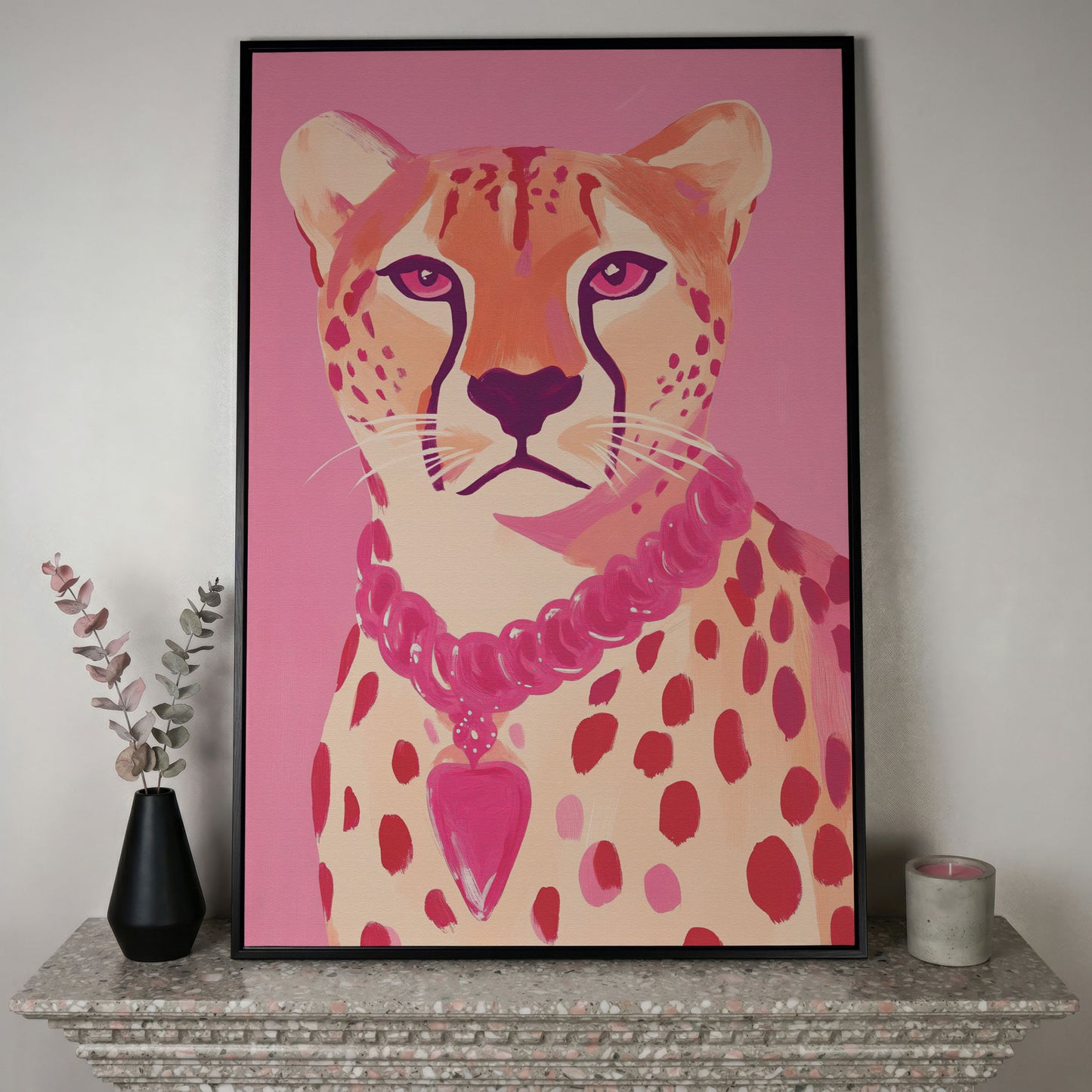 Pink Cheetah Portrait Canvas Print for Nursery and Home in black floating frame