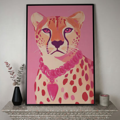 Pink Cheetah Portrait Canvas Print for Nursery and Home in black floating frame