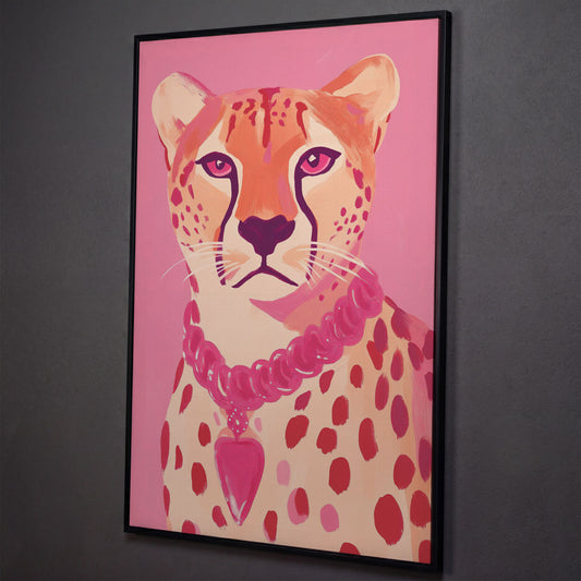 Pink Cheetah Portrait Canvas Print for Nursery and Home shown in black floating frame