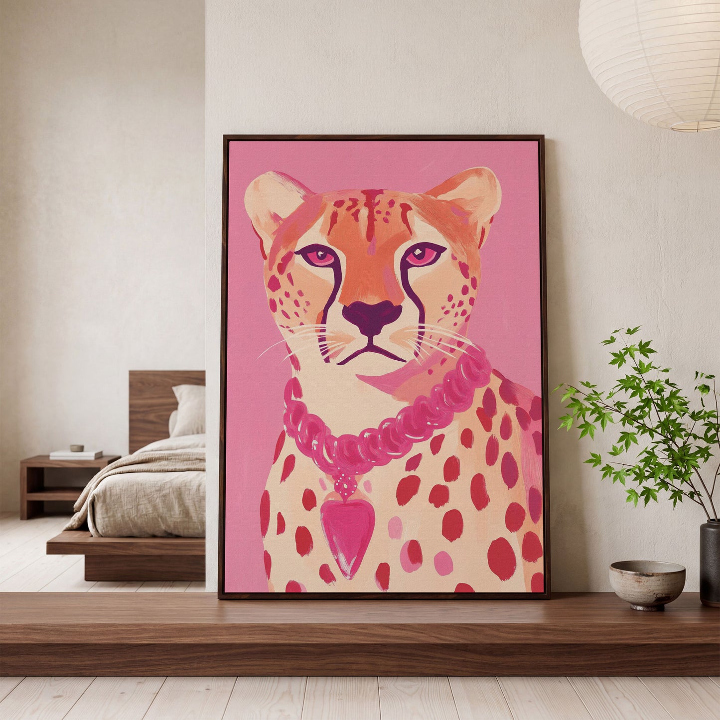 Pink Cheetah Portrait Canvas Print for Nursery and Home in dark walnut floating frame