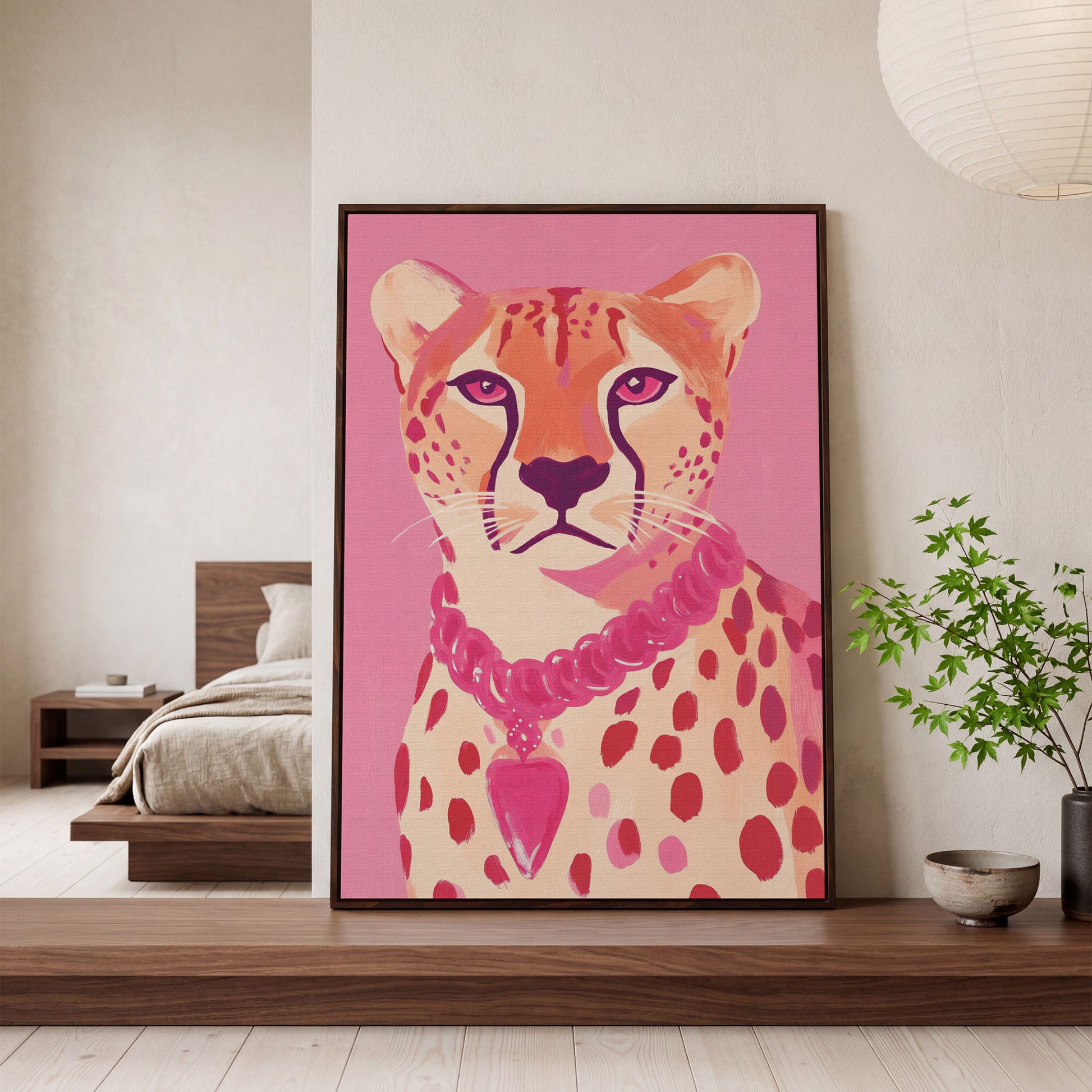 Pink Cheetah Portrait Canvas Print for Nursery and Home in dark walnut floating frame
