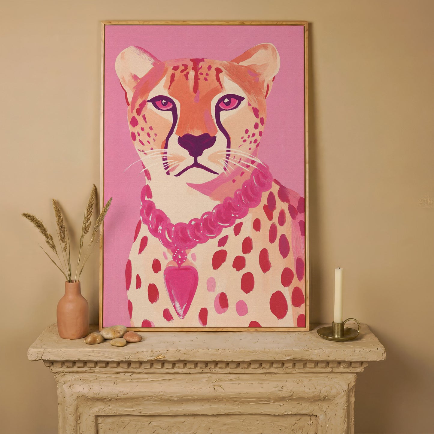 Pink Cheetah Portrait Canvas Print for Nursery and Home in white oak floating frame