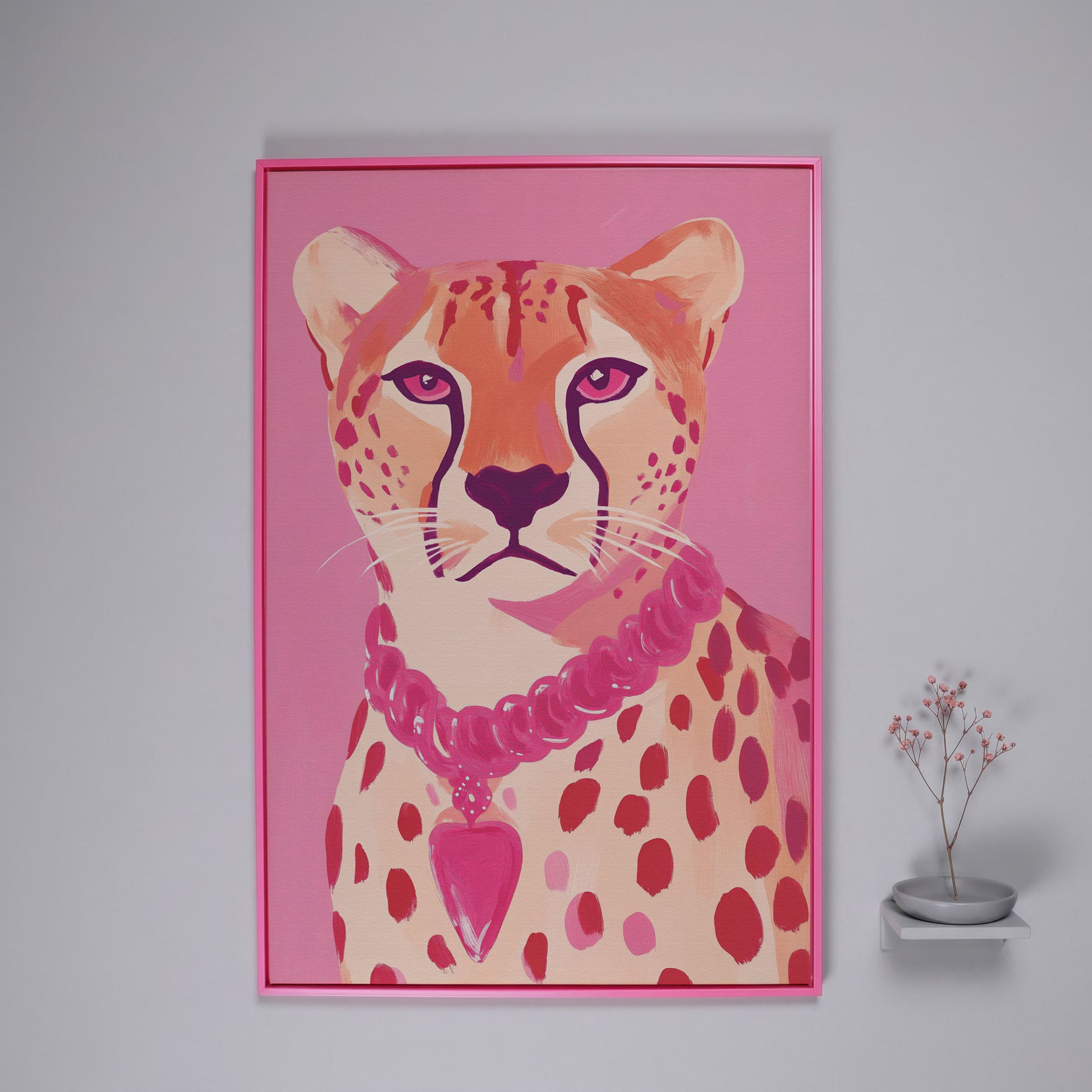 Pink Cheetah Portrait Canvas Print for Nursery and Home in pink floating frame