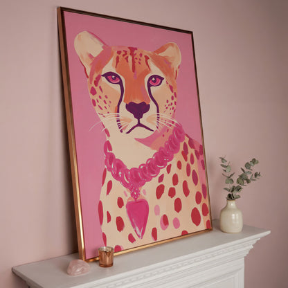 Pink Cheetah Portrait Canvas Print for Nursery and Home in rose gold floating frame