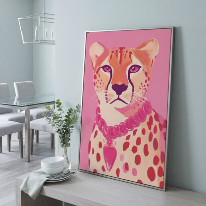Pink Cheetah Portrait Canvas Print for Nursery and Home in silver floating frame