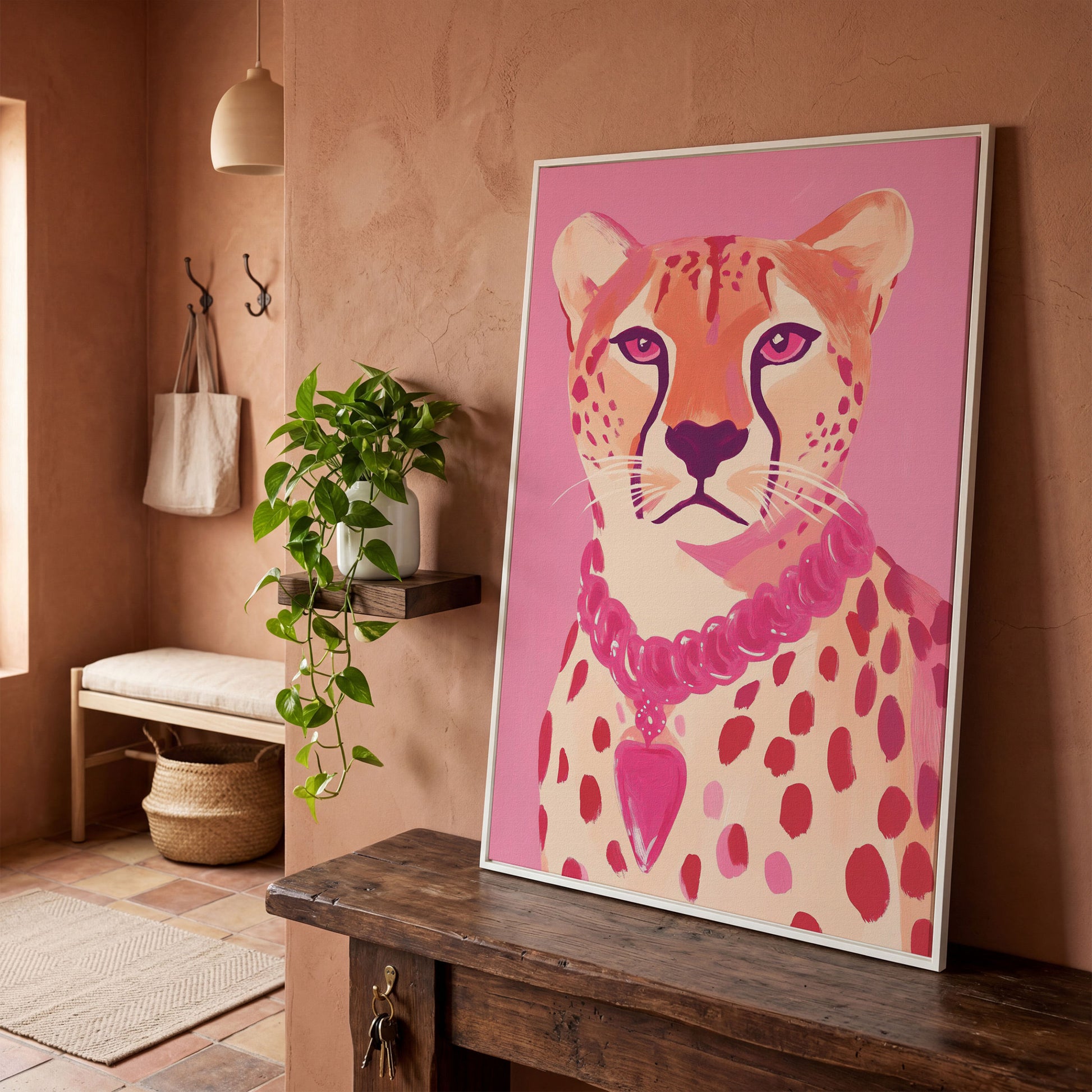 Pink Cheetah Portrait Canvas Print for Nursery and Home in white floating frame