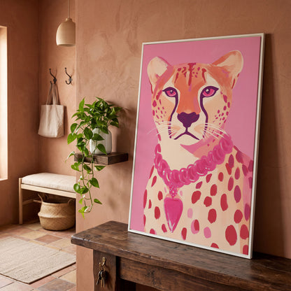 Pink Cheetah Portrait Canvas Print for Nursery and Home in white floating frame
