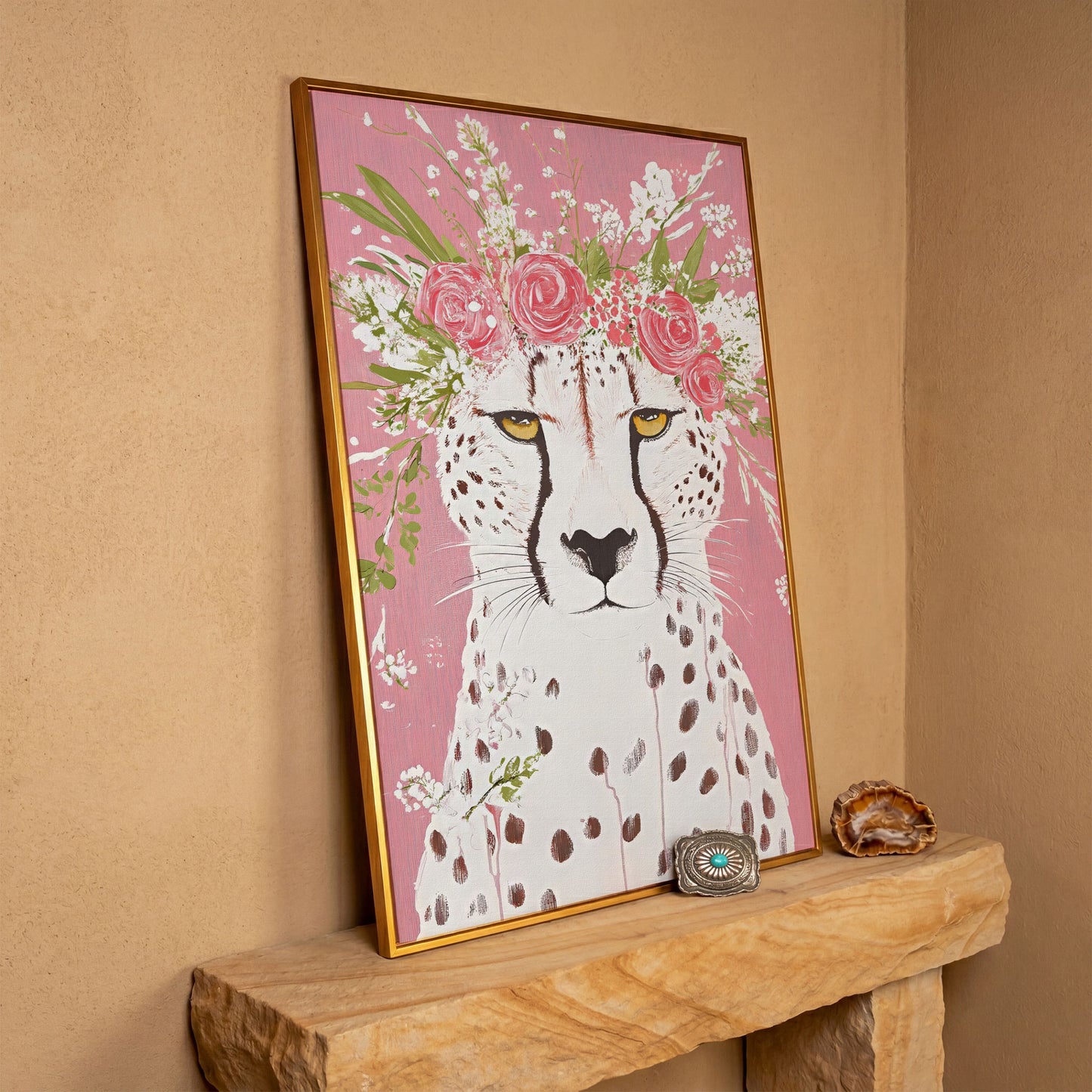 Floral Cheetah Portrait Canvas Print in antique gold floating frame