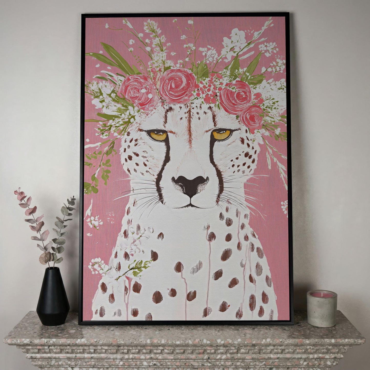 Floral Cheetah Portrait Canvas Print in black floating frame