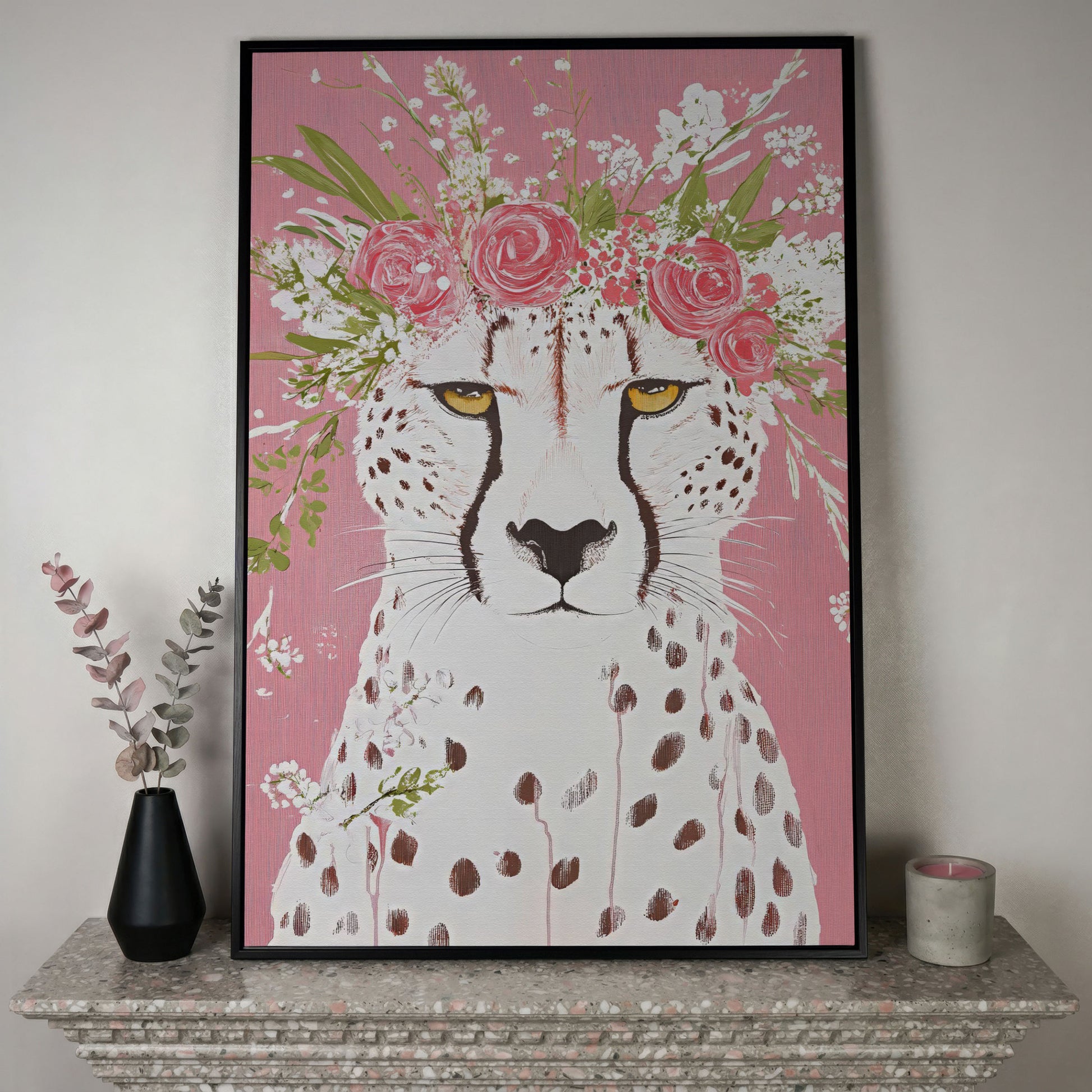 Floral Cheetah Portrait Canvas Print in black floating frame
