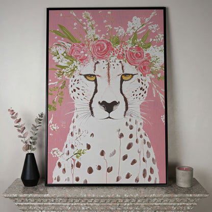 Floral Cheetah Portrait Canvas Print in black floating frame