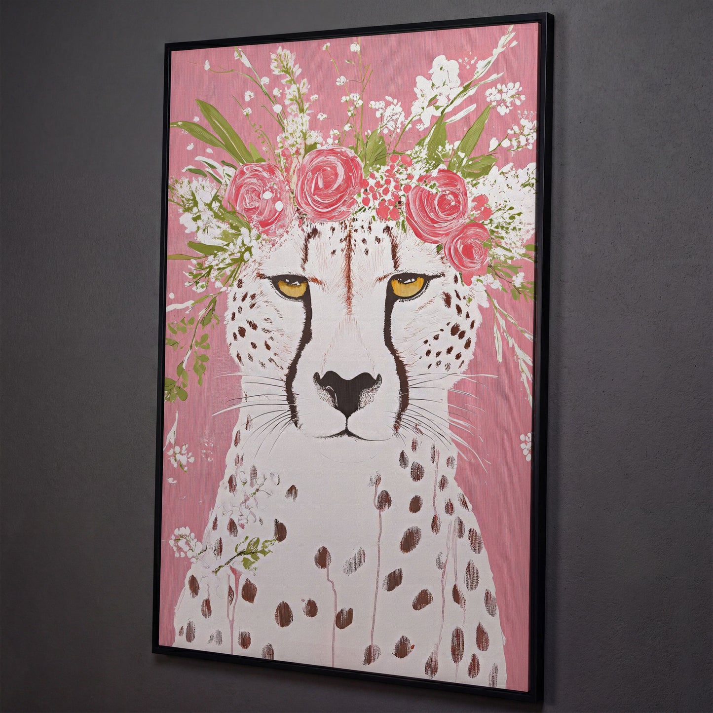 Floral Cheetah Portrait Canvas Print shown in black floating frame