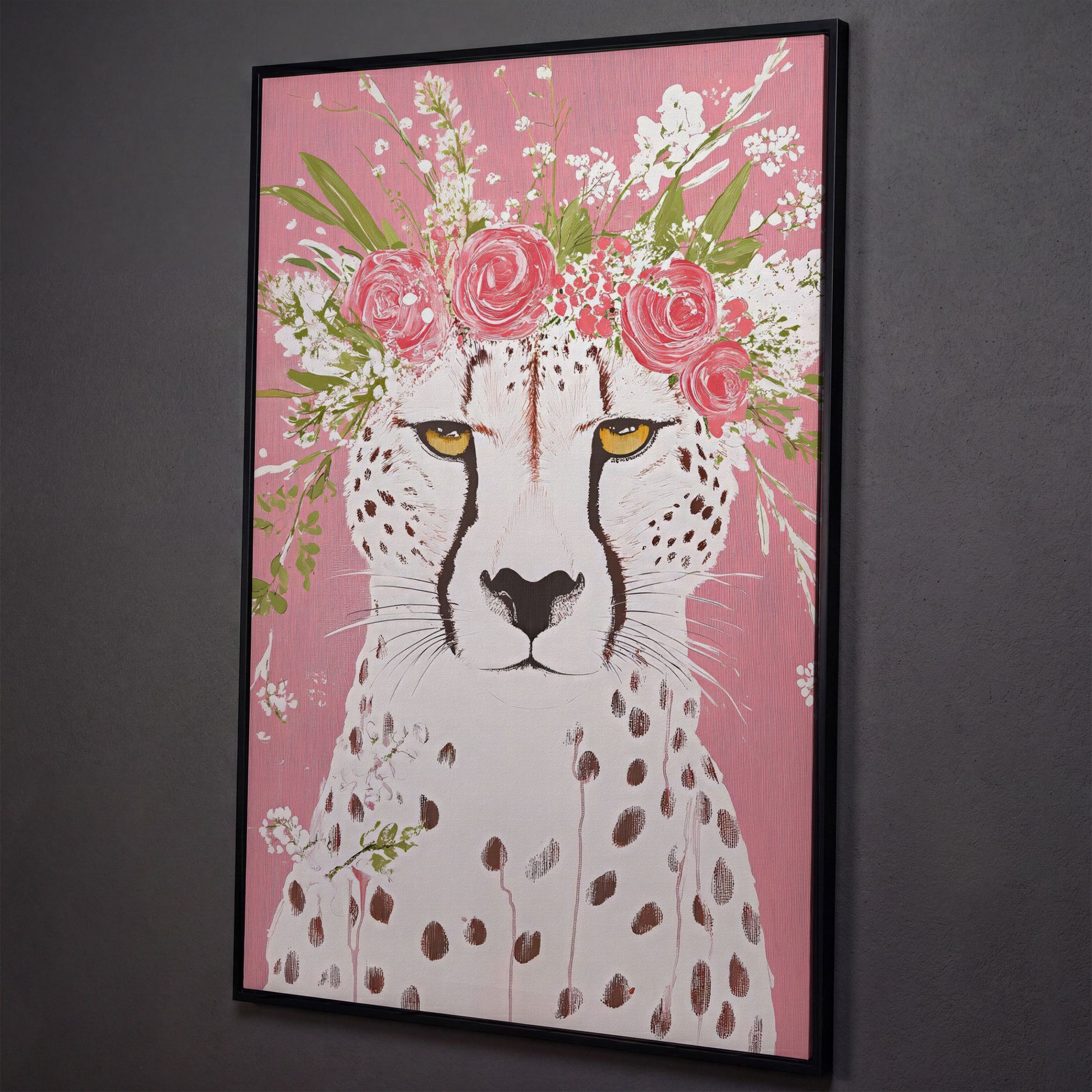 Floral Cheetah Portrait Canvas Print shown in black floating frame