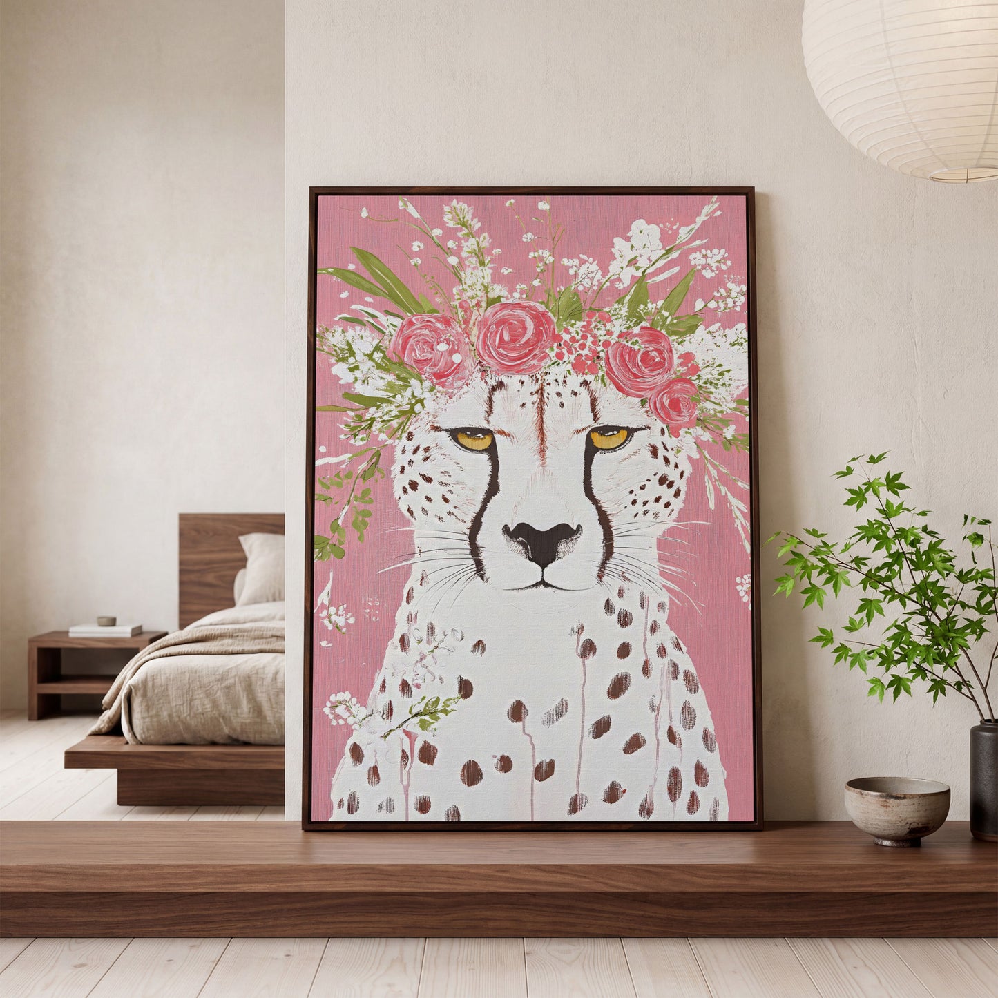 Floral Cheetah Portrait Canvas Print in dark walnut floating frame