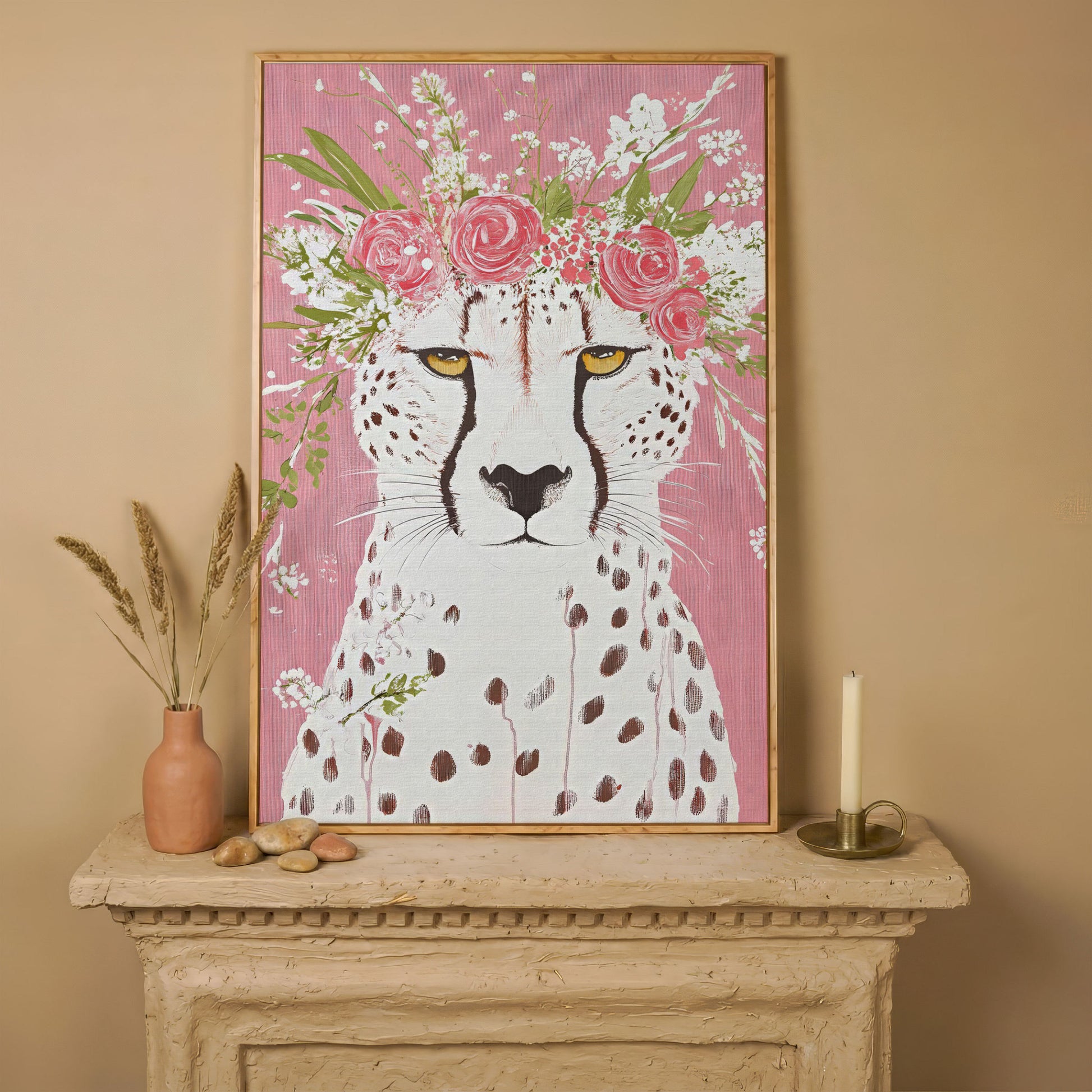 Floral Cheetah Portrait Canvas Print in white oak floating frame