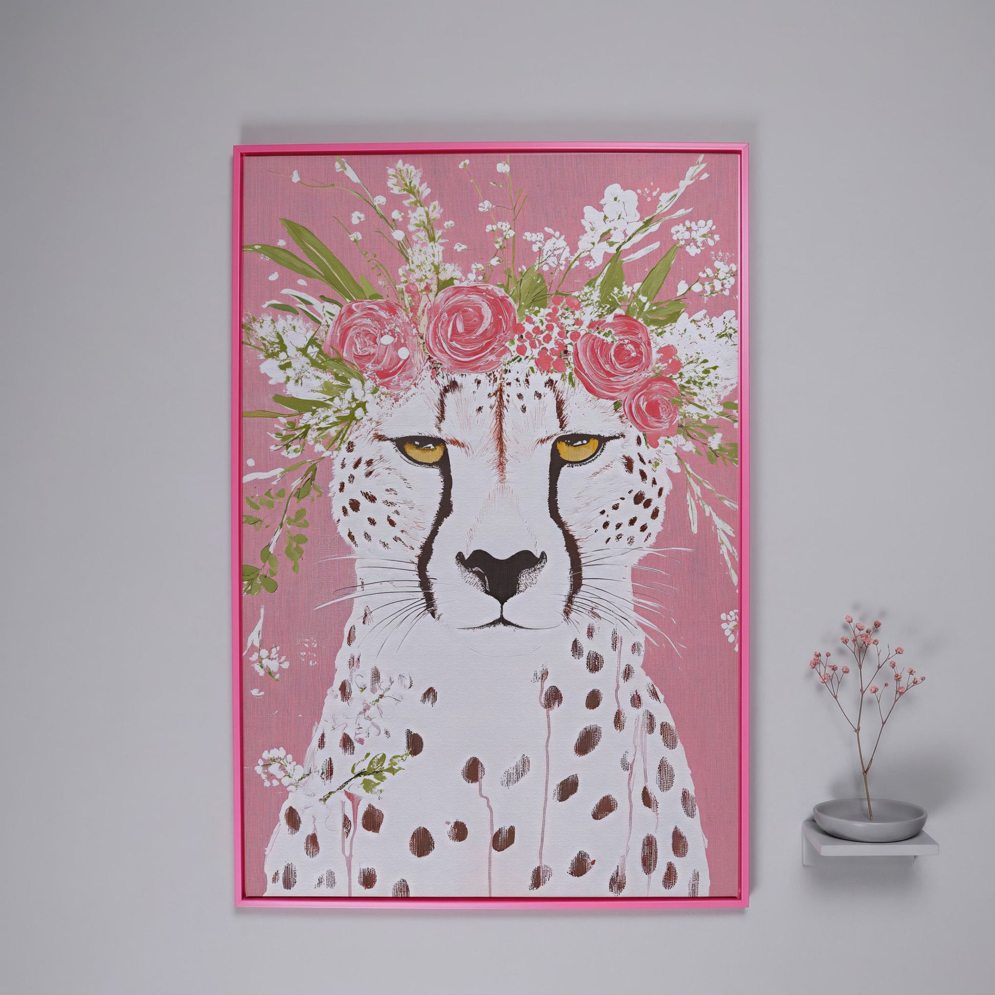 Floral Cheetah Portrait Canvas Print in pink floating frame