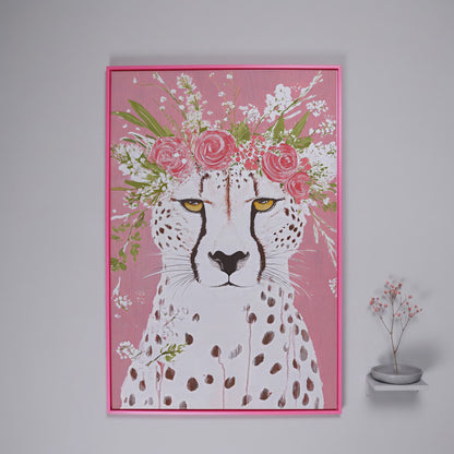 Floral Cheetah Portrait Canvas Print in pink floating frame