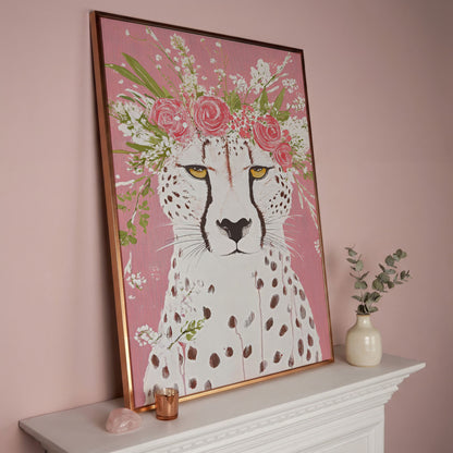 Floral Cheetah Portrait Canvas Print in rose gold floating frame