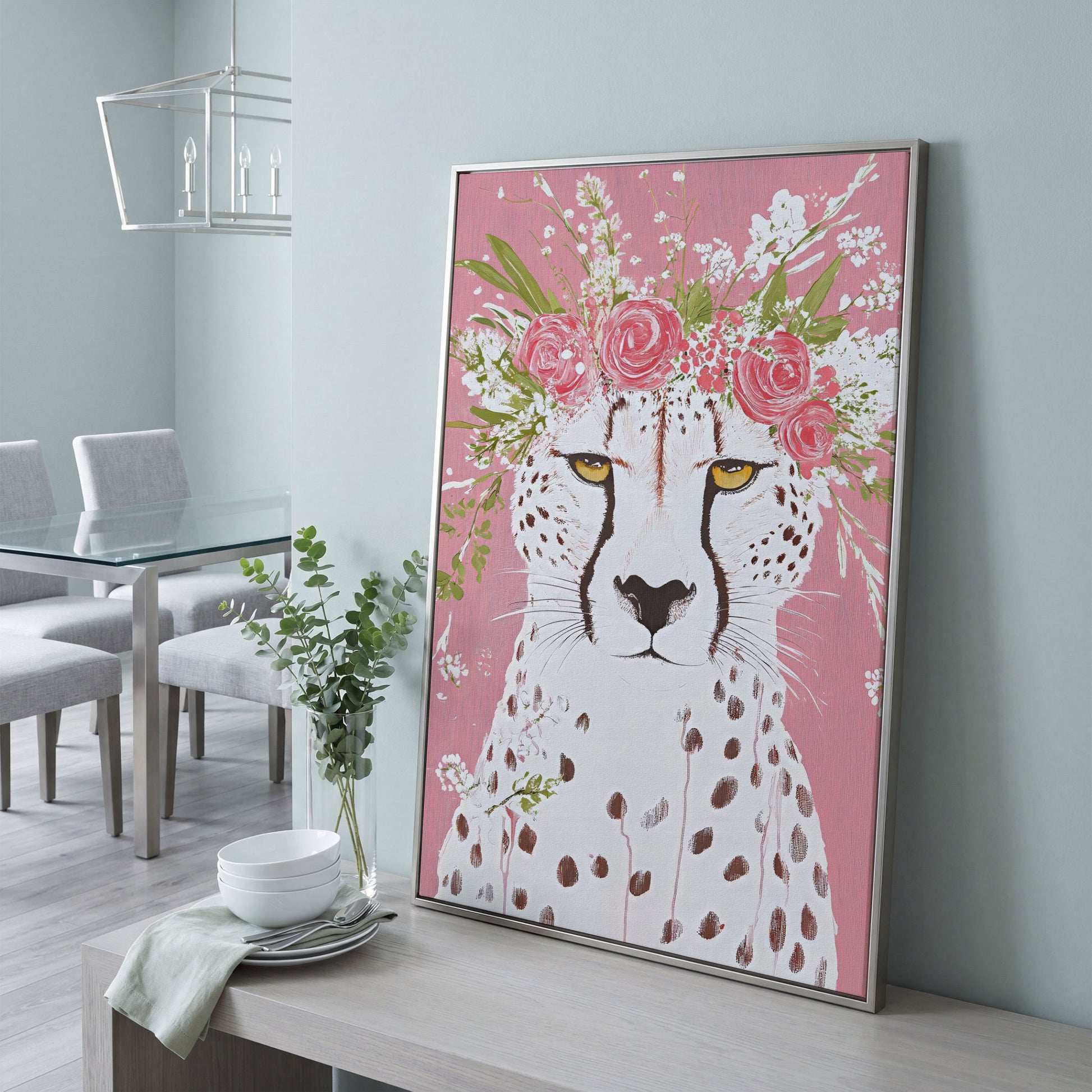 Floral Cheetah Portrait Canvas Print in silver floating frame