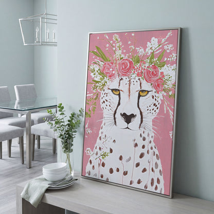 Floral Cheetah Portrait Canvas Print in silver floating frame