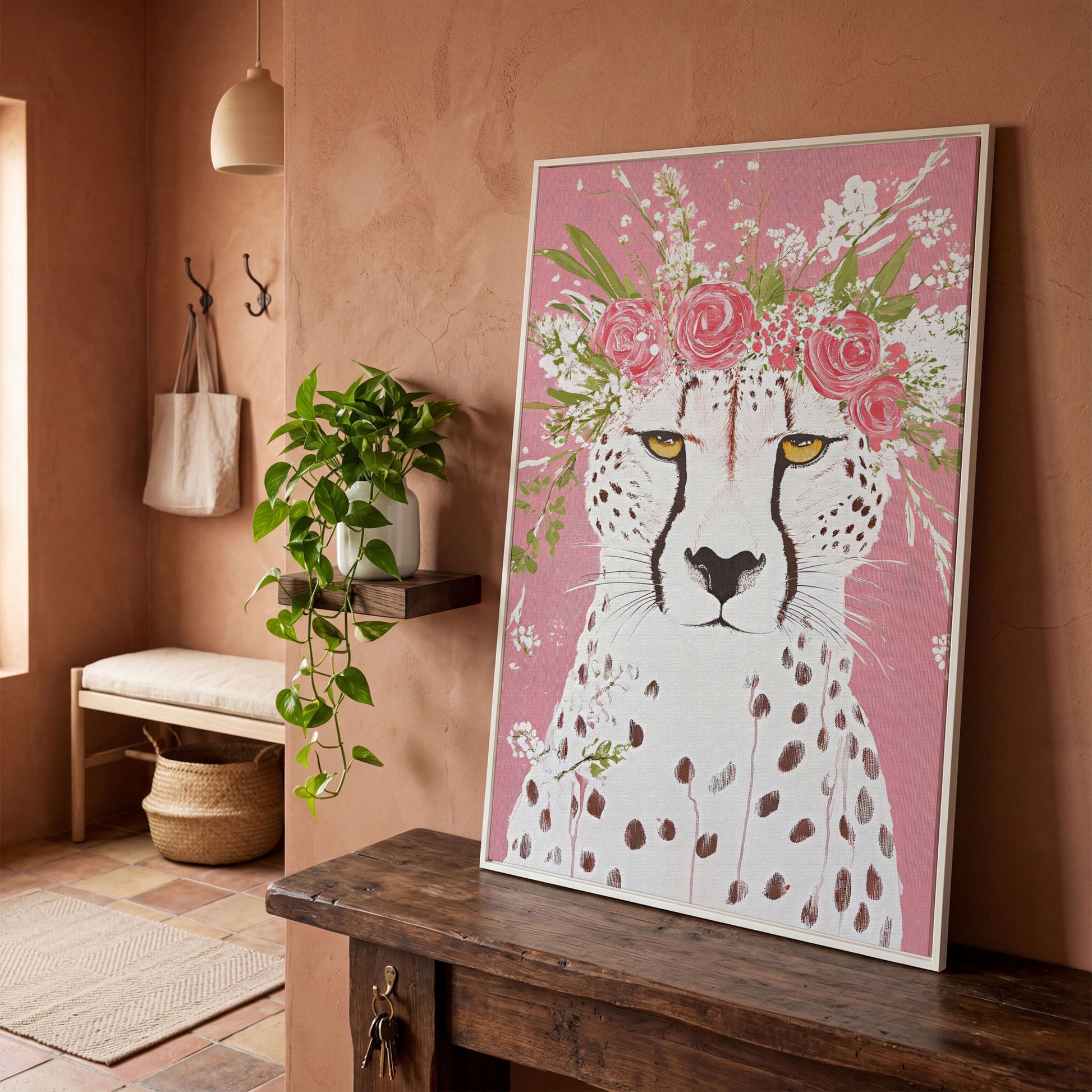 Floral Cheetah Portrait Canvas Print in white floating frame