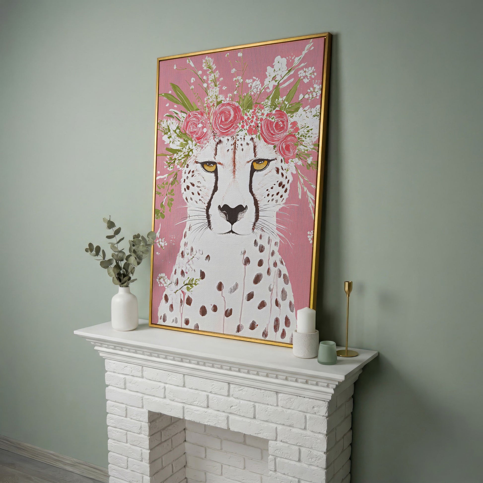 Floral Cheetah Portrait Canvas Print in yellow gold floating frame
