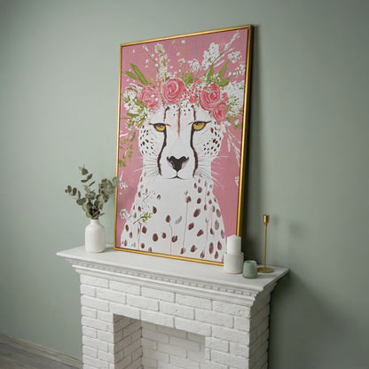 Floral Cheetah Portrait Canvas Print in yellow gold floating frame