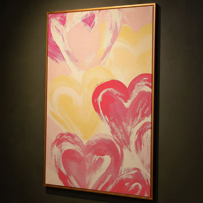 Pink & Yellow Heart Canvas Print shown in antique gold floating frame